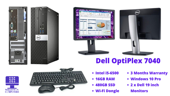 Complete Dell OptiPlex SFF Computer with 2 Monitors | 16GB RAM | 500GB SSD | WIN 10 Pro